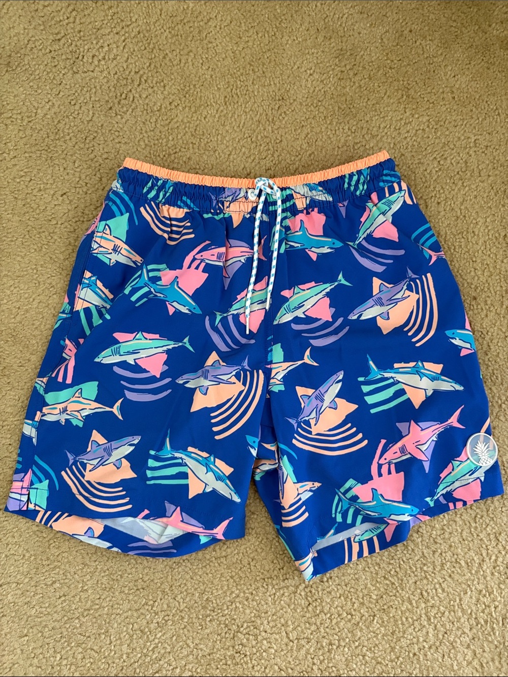 chubbies Blue Swim Trunks with Pink and Peach Shark Print